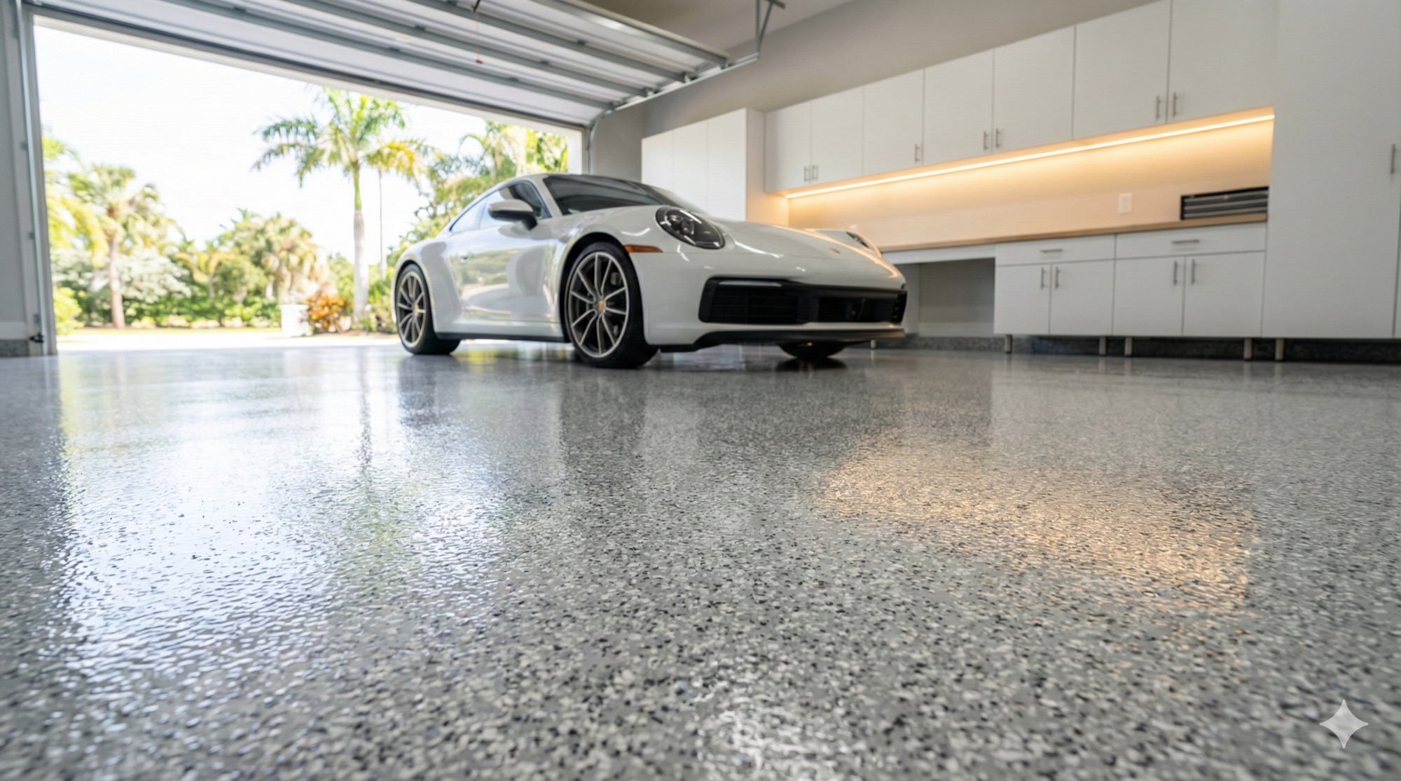 Gray flake epoxy garage floor with a white Porsche parked inside and palms visible through the open door