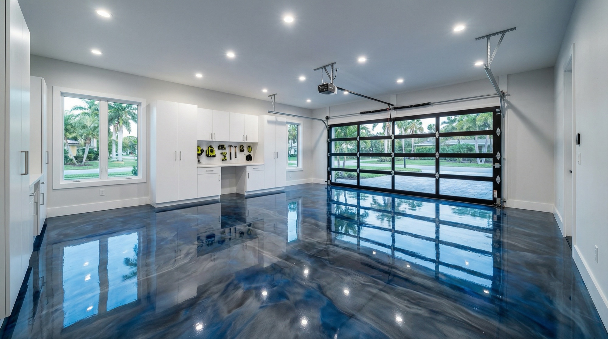 Deep navy and pewter metallic epoxy garage floor reflecting the recessed lights and a full-glass garage door
