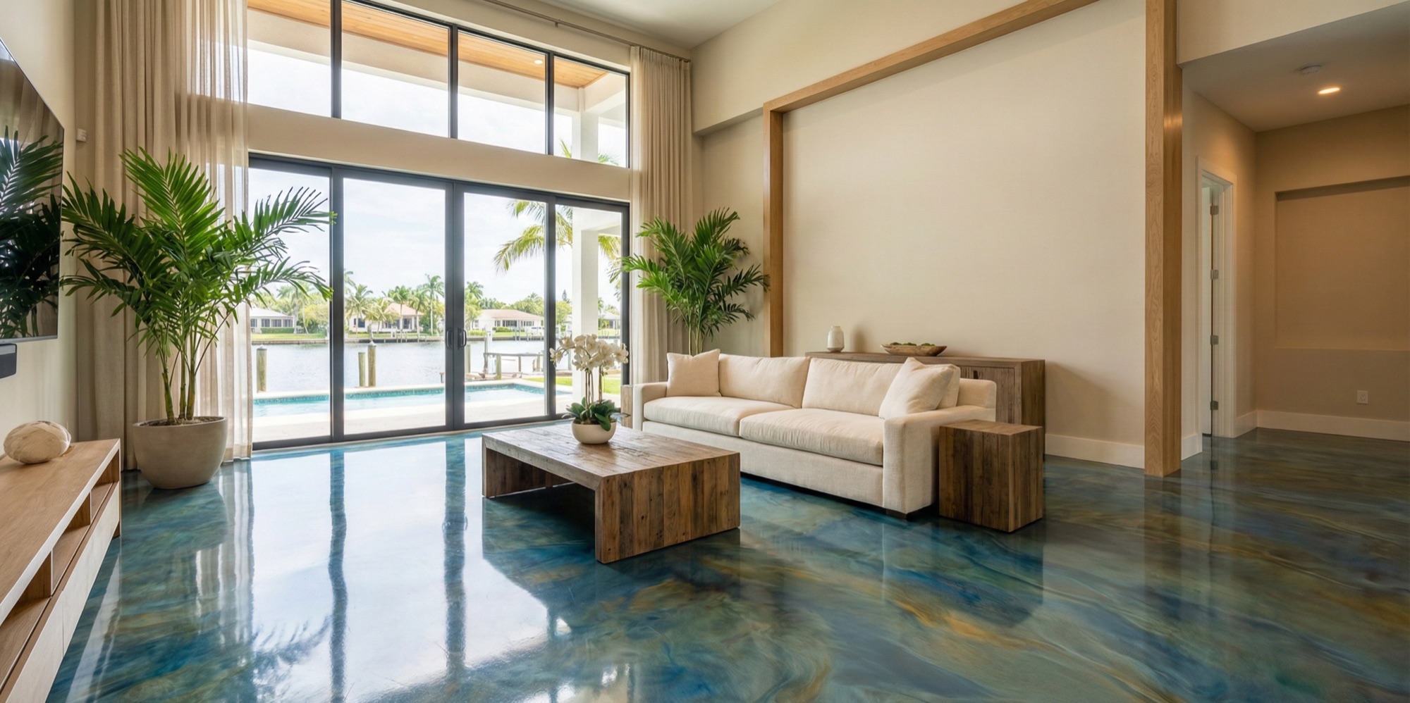 Teal and gold metallic epoxy floor in a waterfront living room, sliding doors open toward a pool and canal