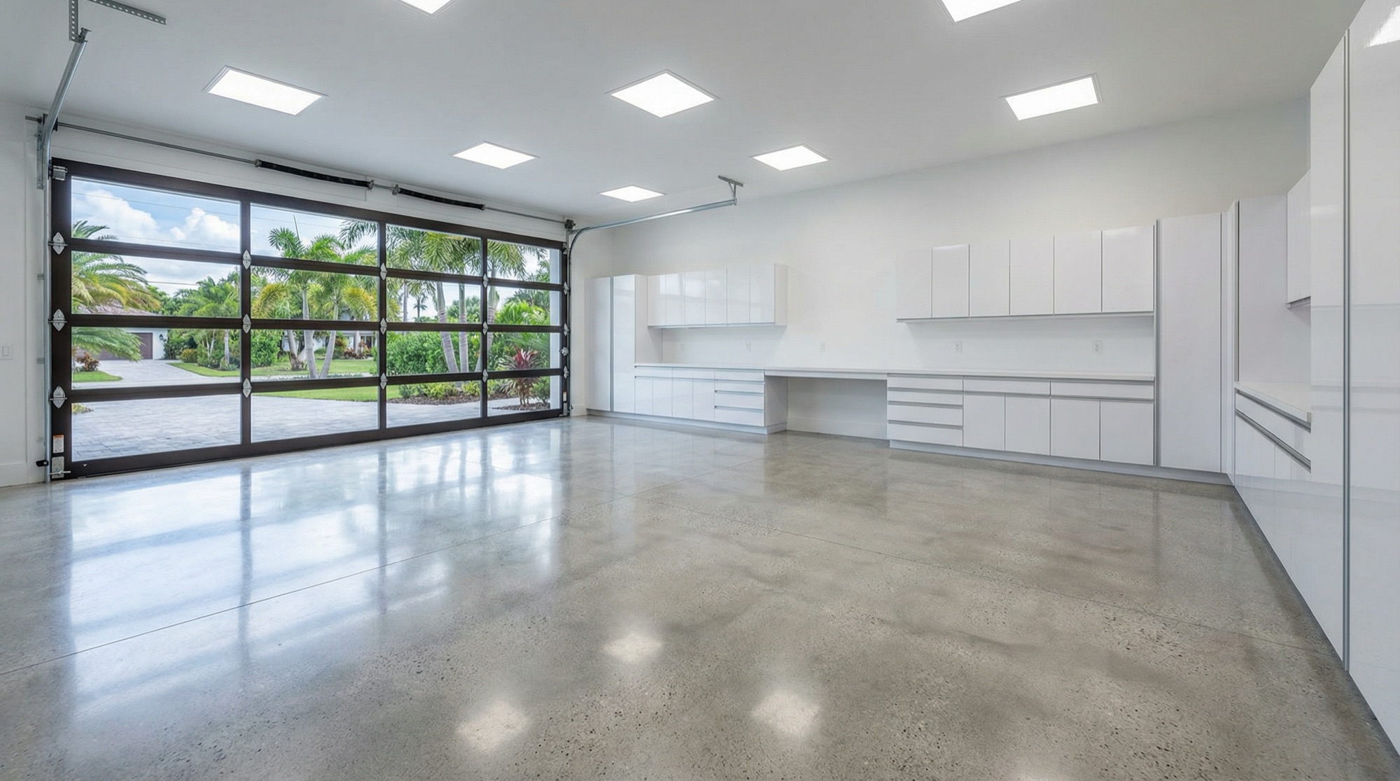 Polished concrete garage floor reflecting daylight from a glass garage door, white cabinets along both walls