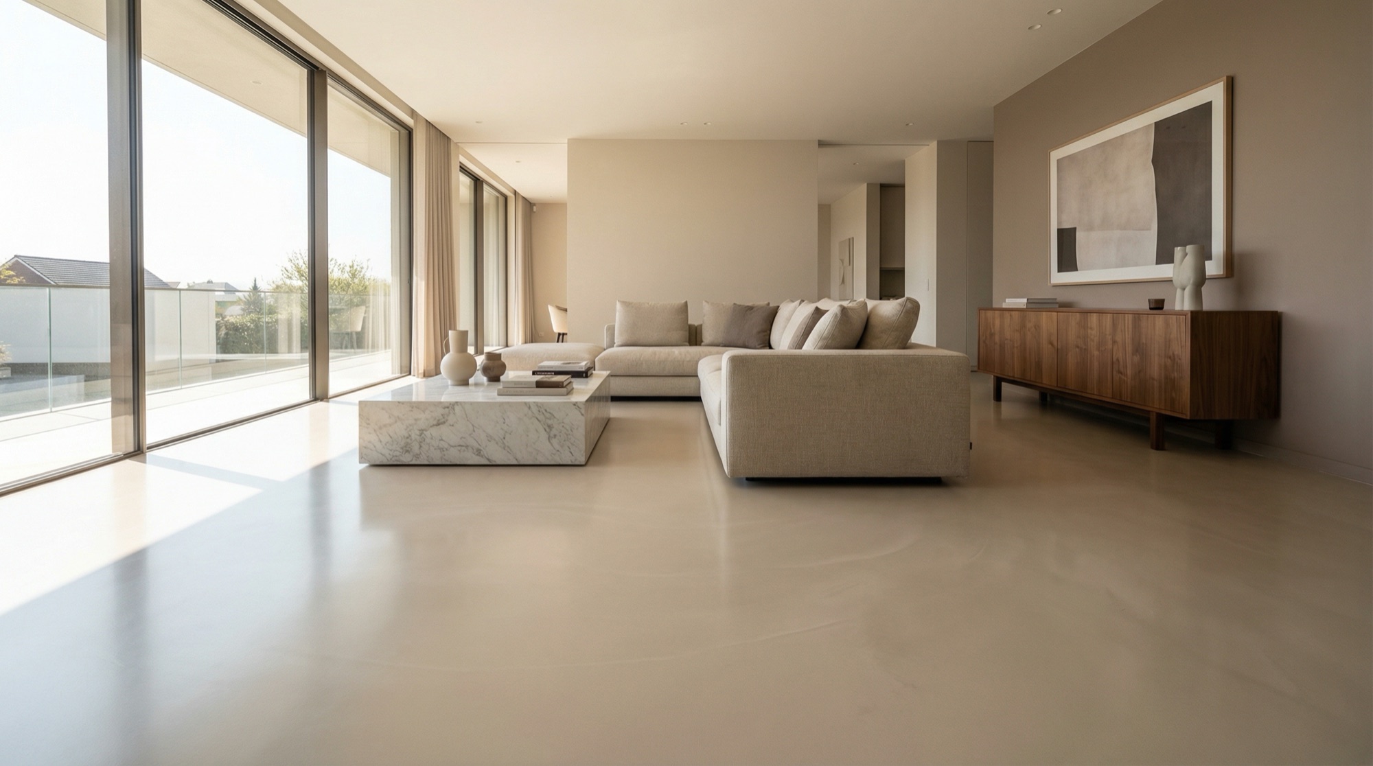 Pale polished concrete floor in a minimal living room with a linen sectional and a marble coffee table
