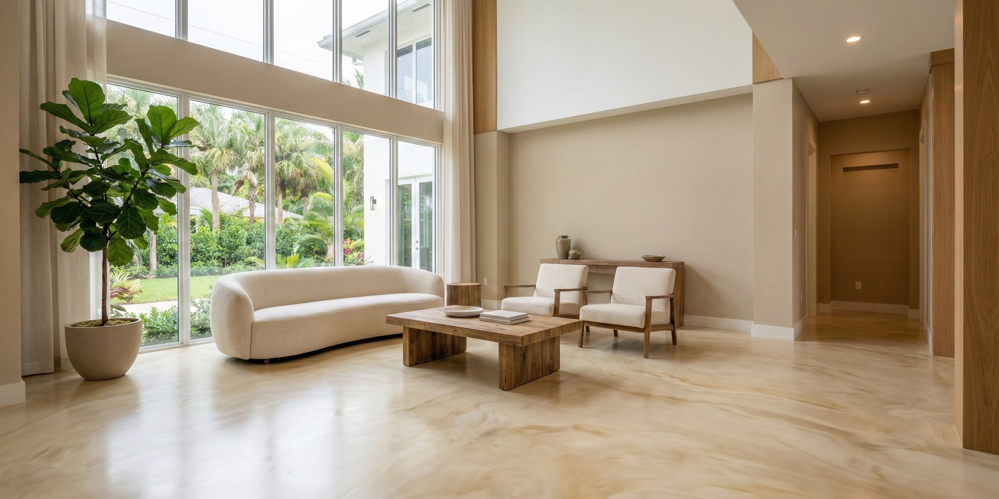 Cream polished concrete floor in a double-height living room with a curved sofa and a potted fig
