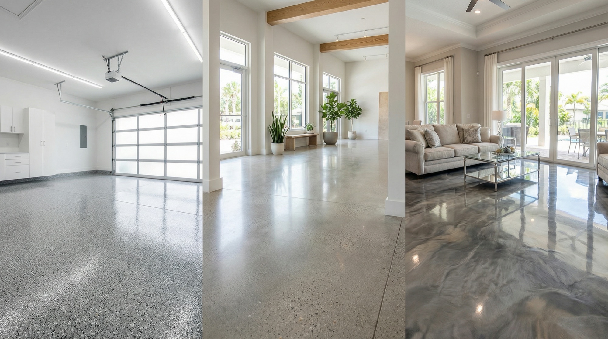 Three finished Prime Resin floors side by side: a flake garage, a polished interior, and a gray metallic pour